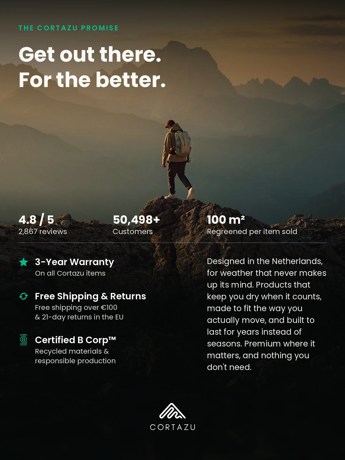 Cortazu brand promise: 3-year warranty, free shipping and 21-day EU returns, Certified B Corp™, 4.8/5 rating, 100 m² regreened per item