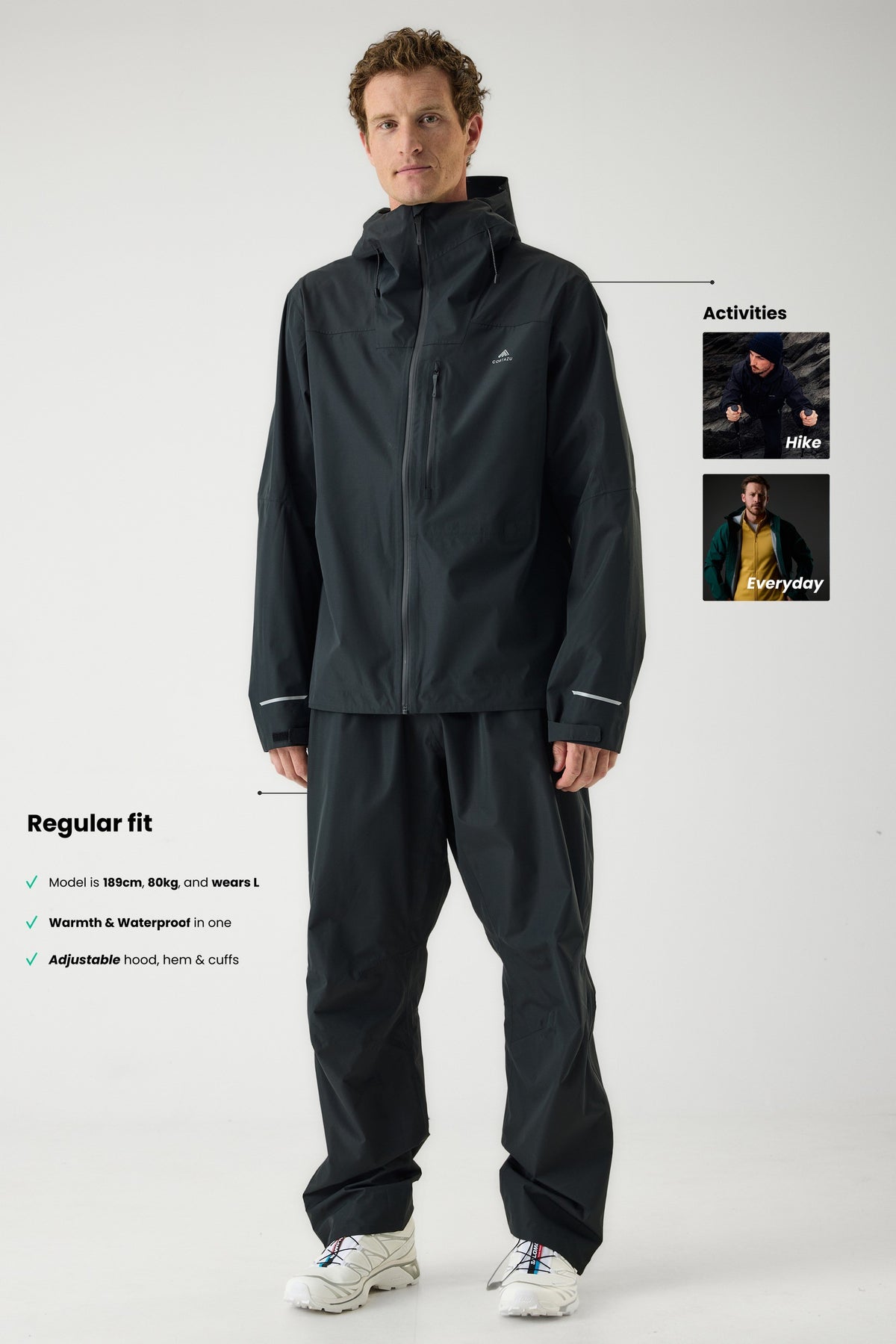 Cortazu Aero Rain Jacket men's in Black, regular fit and size guide, model is 189 cm and wears L