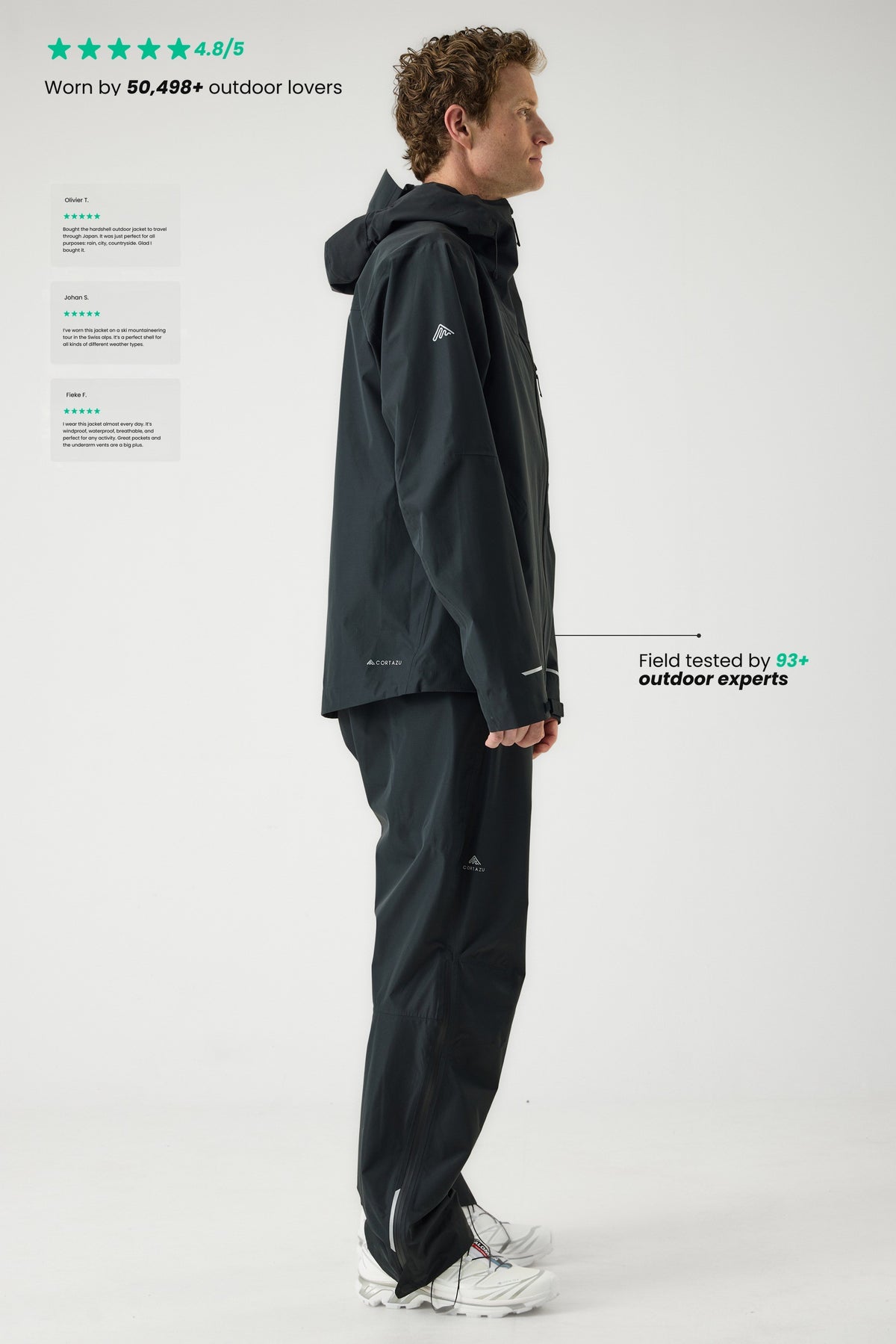 Cortazu Aero Rain Jacket men's in Black, side profile on model