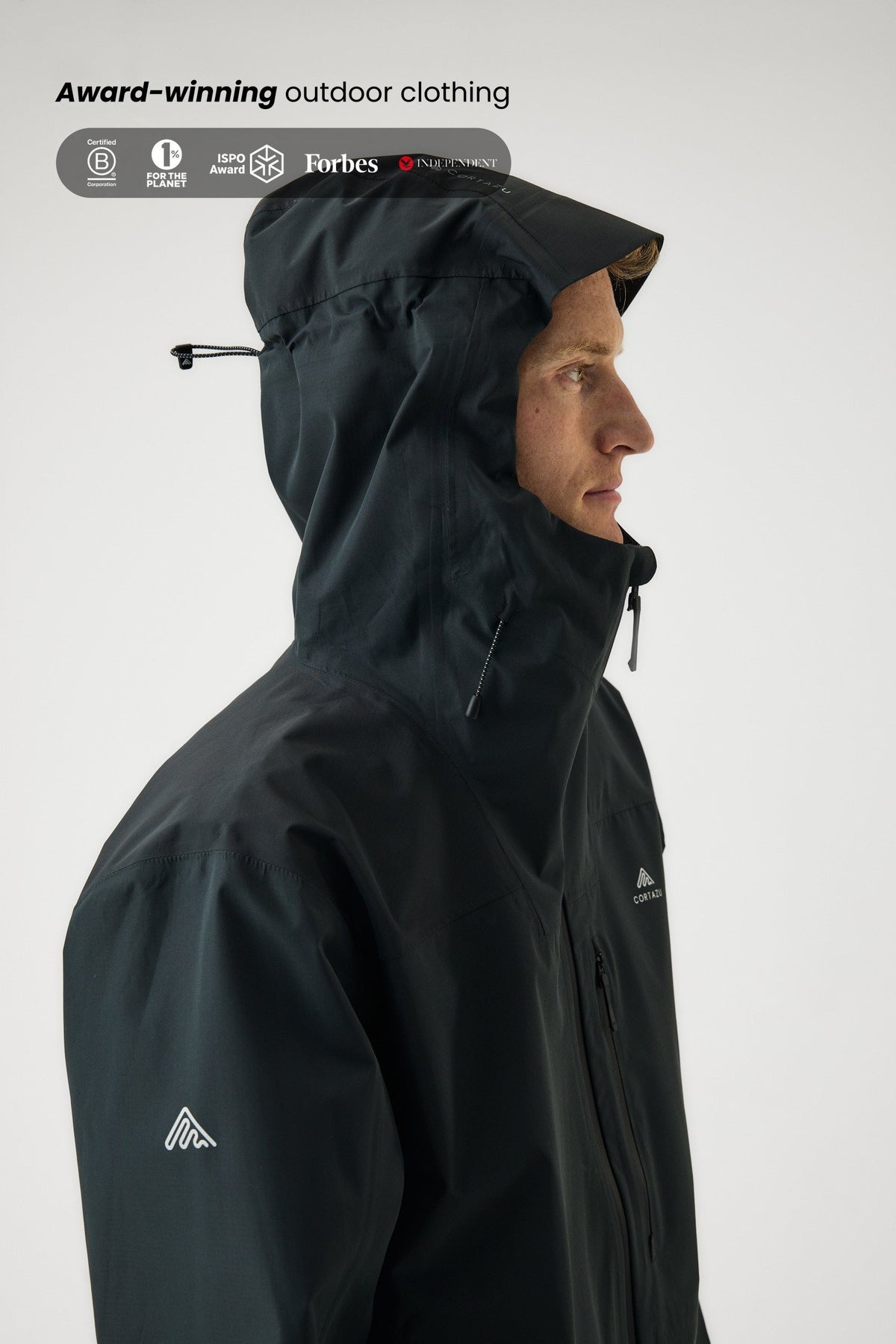 Cortazu Aero Rain Jacket men's in Black, adjustable storm hood