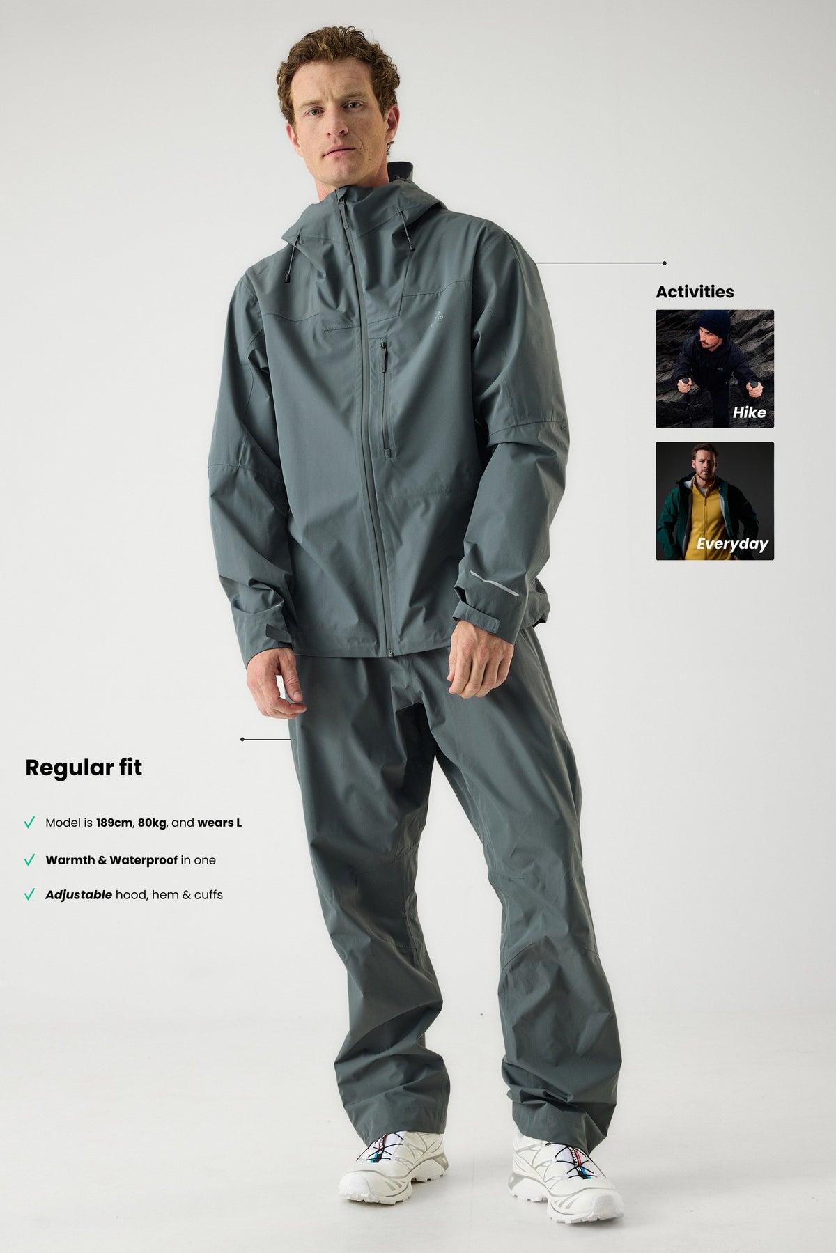 Cortazu Aero Rain Jacket men's in Mid Grey, regular fit and size guide, model is 189 cm and wears L