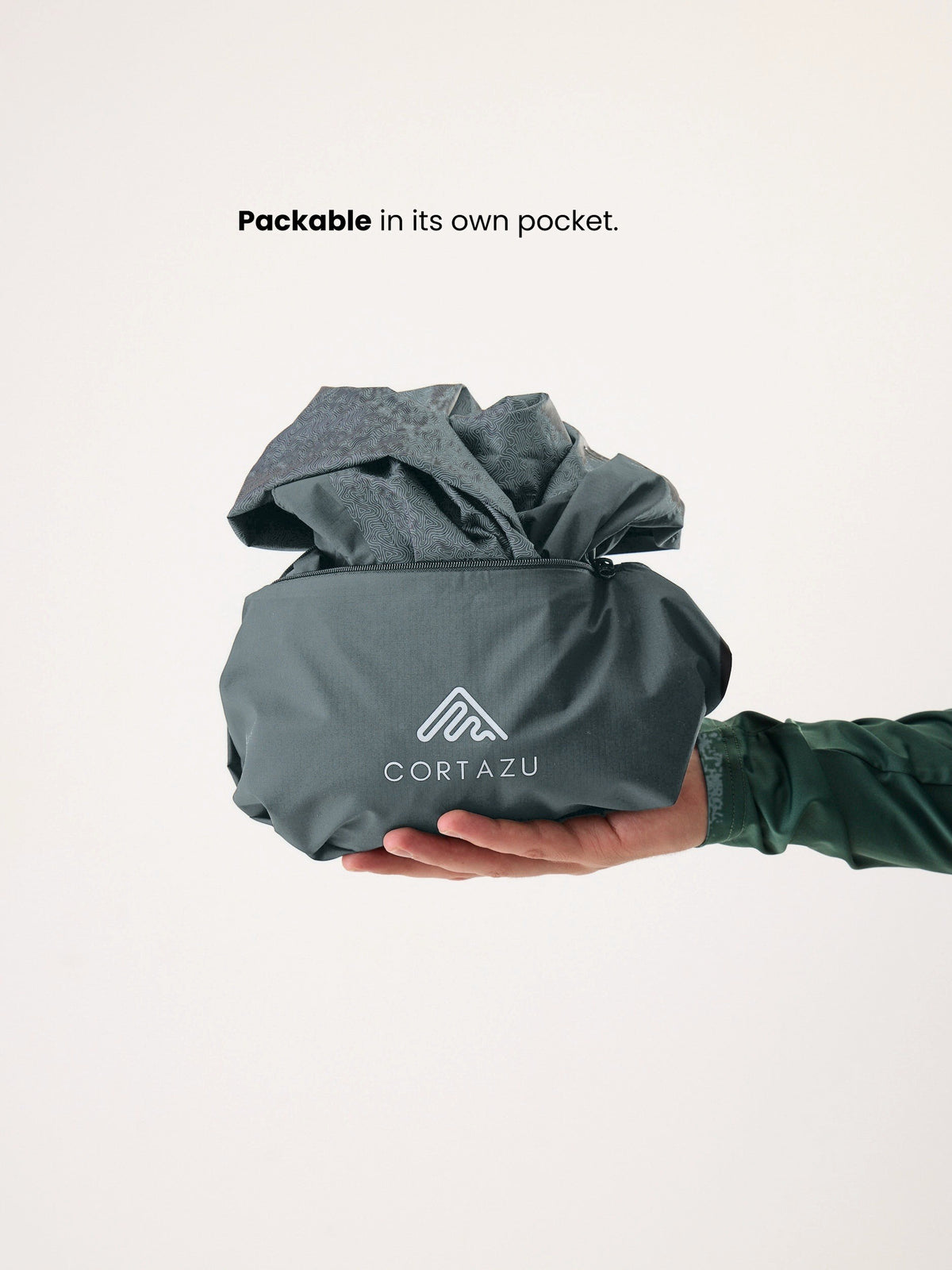 Cortazu Aero Rain Jacket men's in Mid Grey, packable into its own pocket