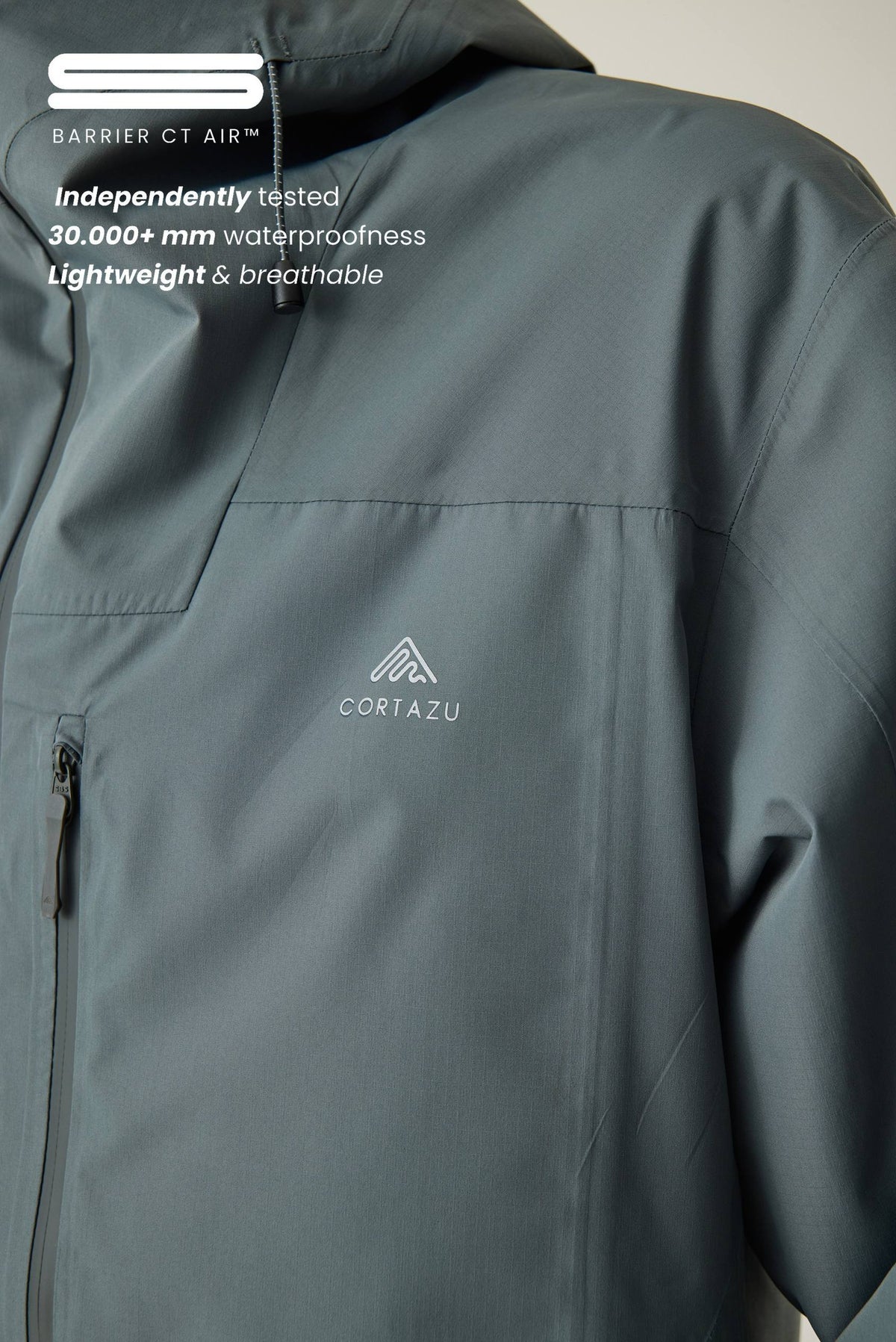 Cortazu Aero Rain Jacket men's in Mid Grey, chest detail with Barrier CT Air™ waterproof membrane