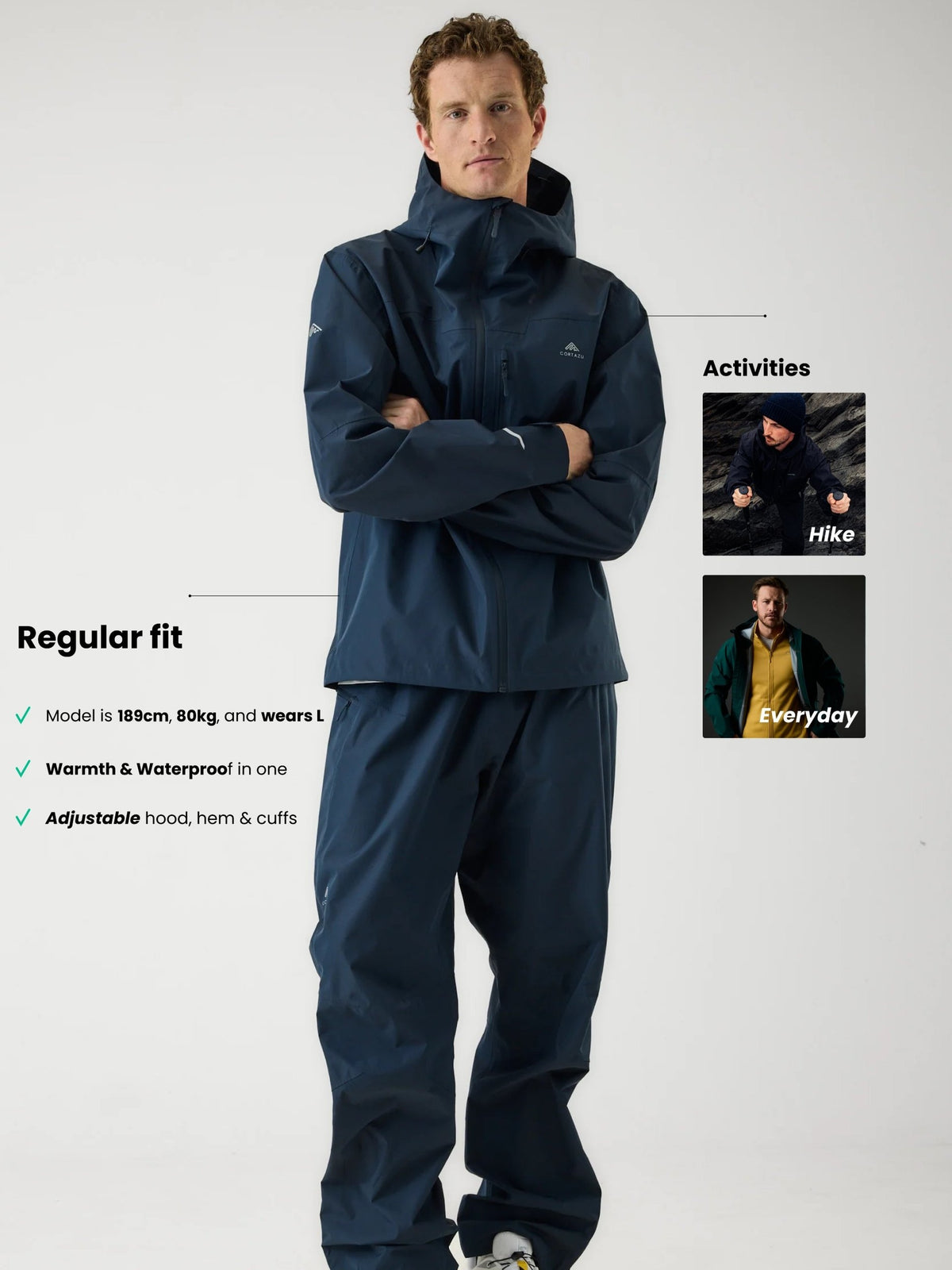 Cortazu Aero Rain Jacket men's in Navy, regular fit and size guide, model is 189 cm and wears L