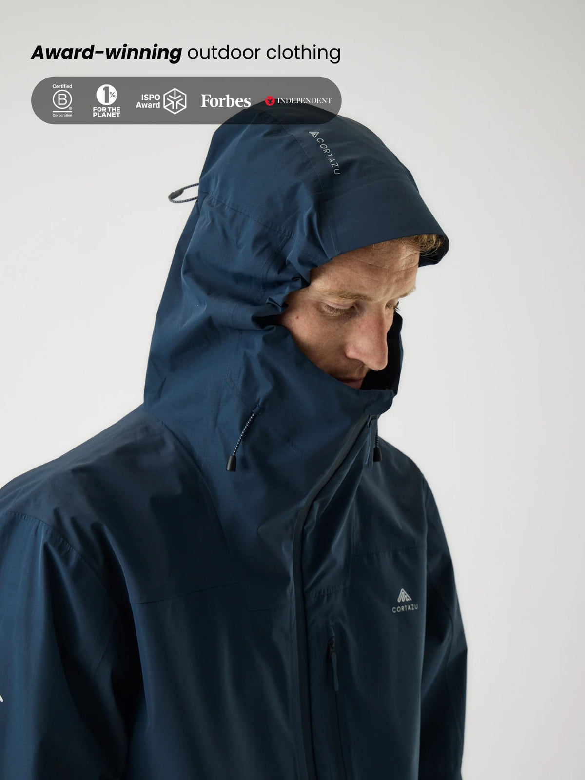 Cortazu Aero Rain Jacket men's in Navy, adjustable storm hood
