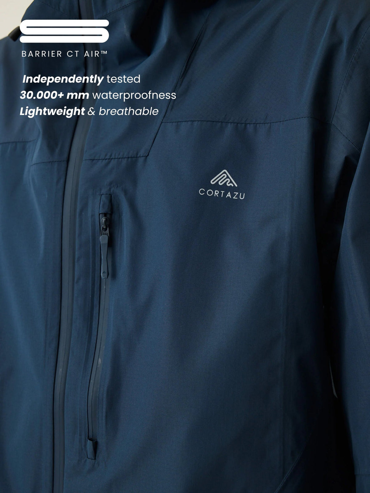 Cortazu Aero Rain Jacket men's in Navy, chest detail with Barrier CT Air™ waterproof membrane