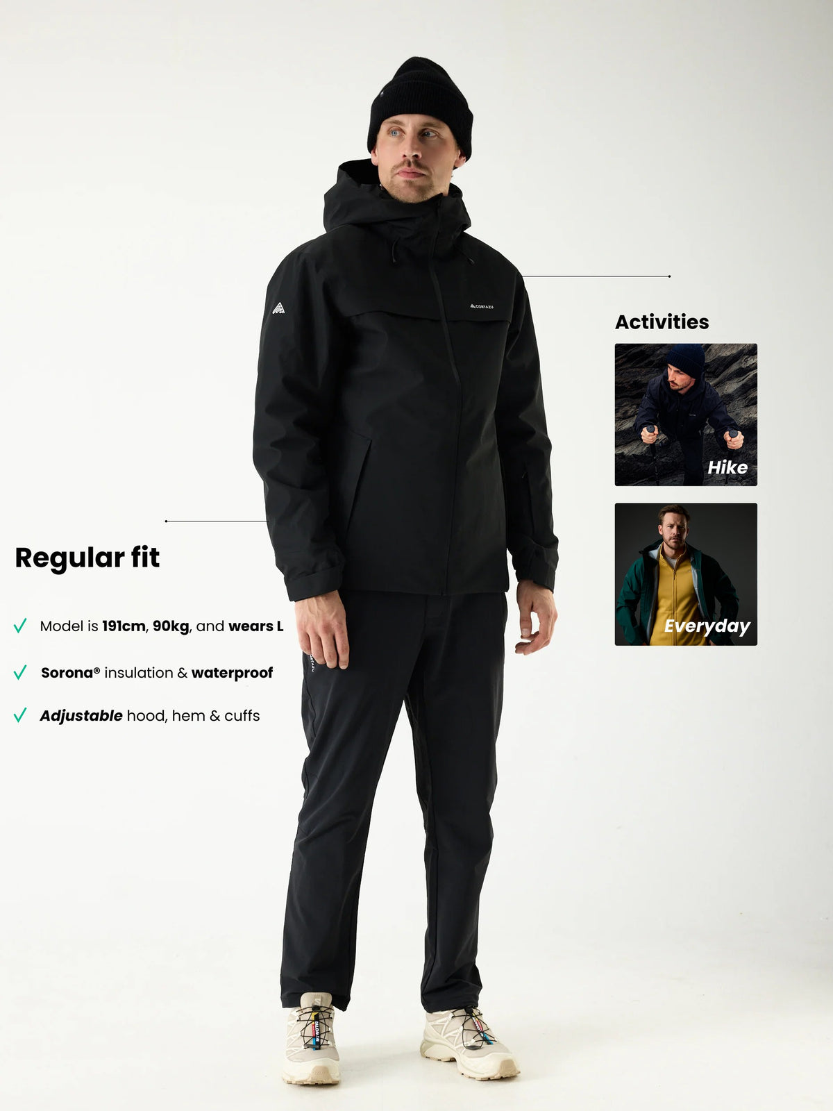 Cortazu Delta INS Shell Jacket men's in Black, full length on model, regular fit, model is 191 cm and wears L, Sorona® insulation