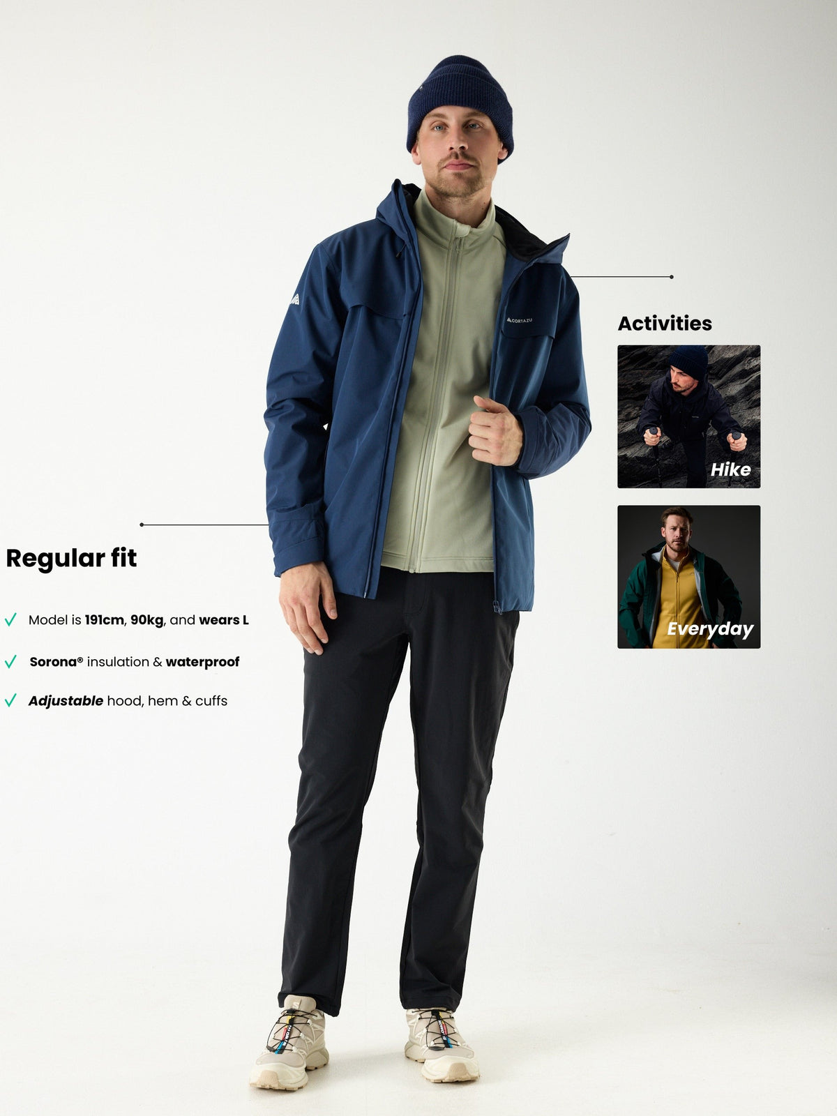 Cortazu Delta INS Shell Jacket men's in Dark Blue, full length on model, regular fit, model is 191 cm and wears L, Sorona® insulation