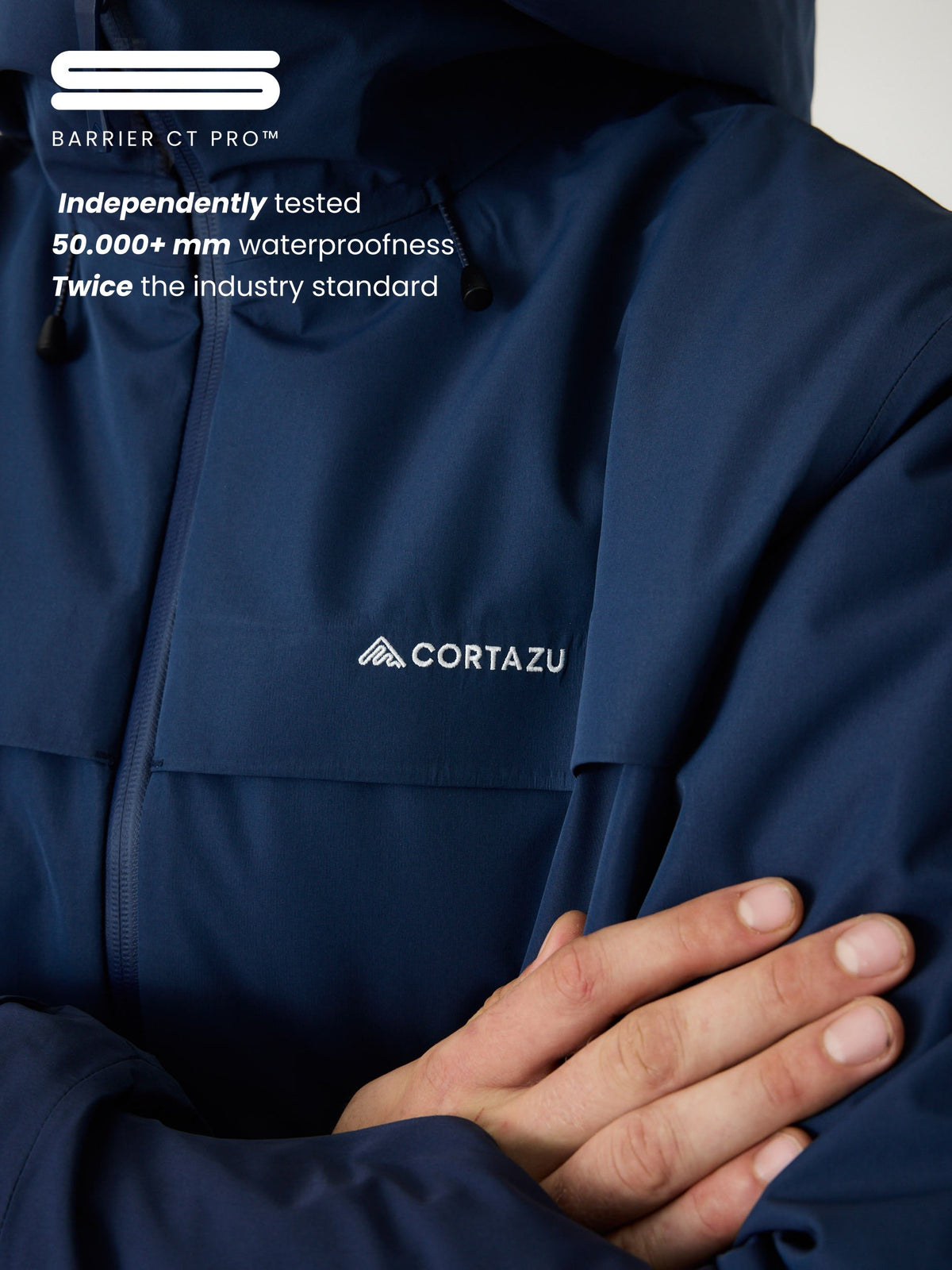 Cortazu Delta INS Shell Jacket men's in Dark Blue, fabric close-up with Barrier CT Pro™ waterproof membrane