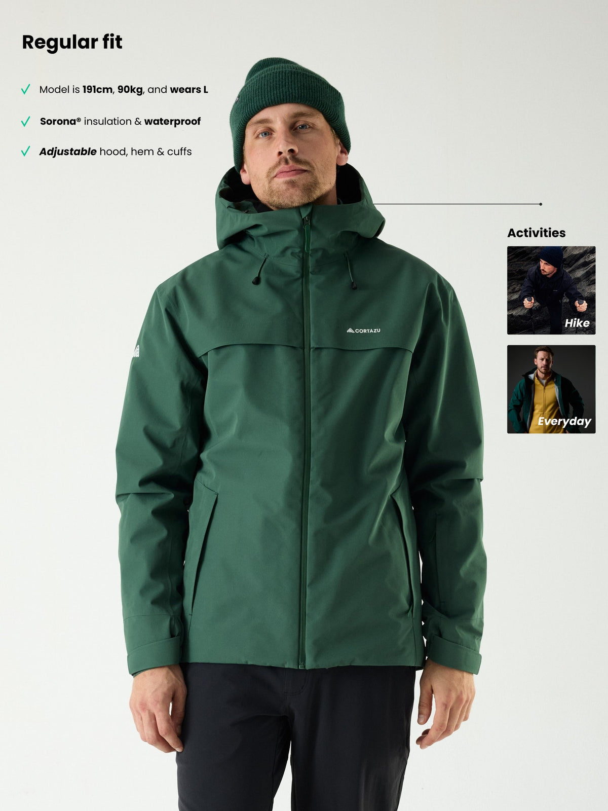 Cortazu Delta INS Shell Jacket men's in Dark Green, full length on model, regular fit, model is 191 cm and wears L, Sorona® insulation