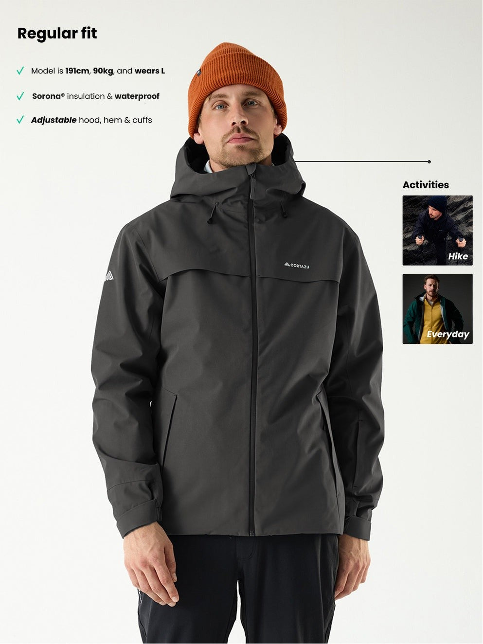 Cortazu Delta INS Shell Jacket men's in Dark Grey, full length on model, regular fit, model is 191 cm and wears L, Sorona® insulation