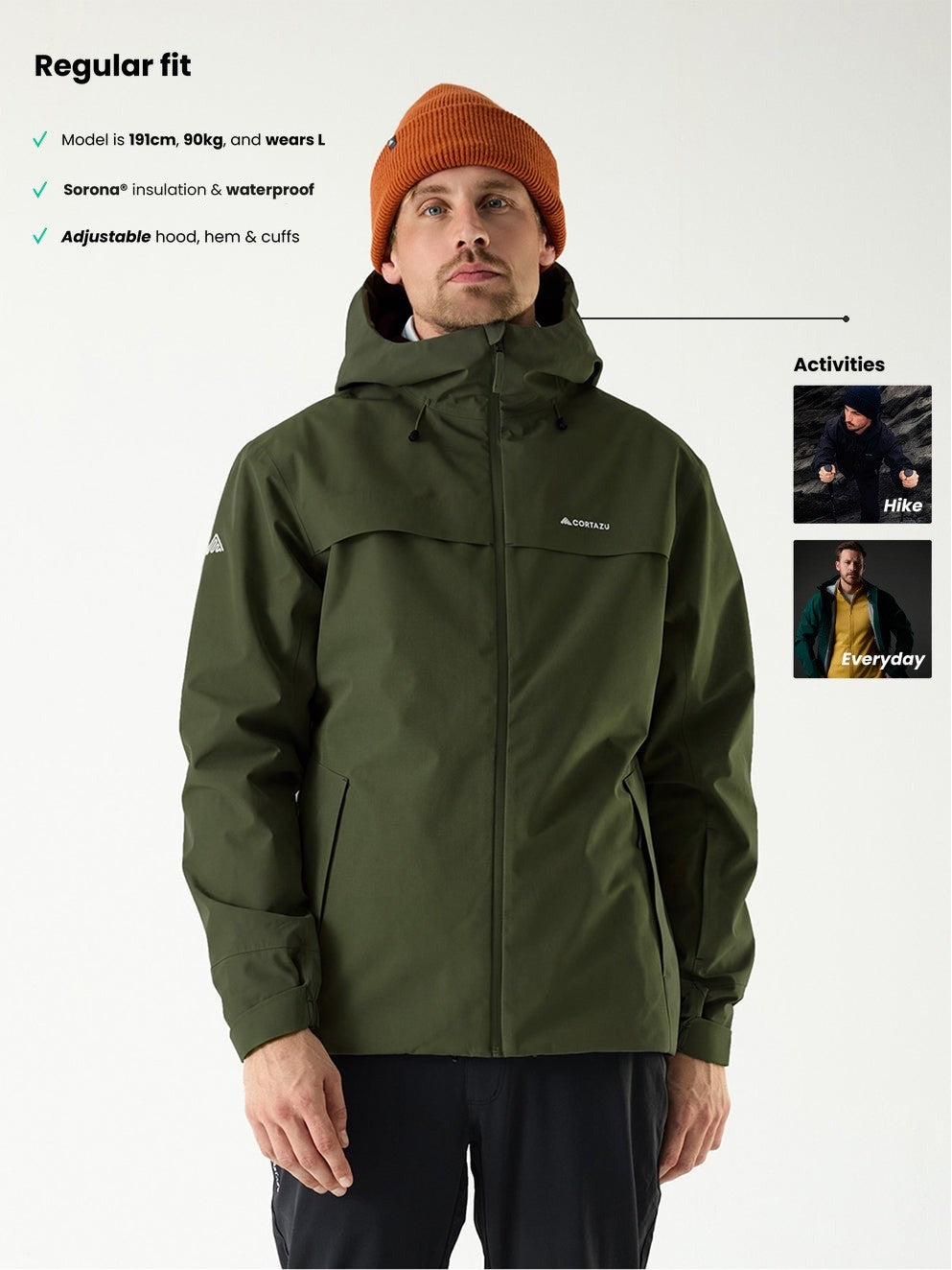 Cortazu Delta INS Shell Jacket men's in Mud Green, full length on model, regular fit, model is 191 cm and wears L, Sorona® insulation