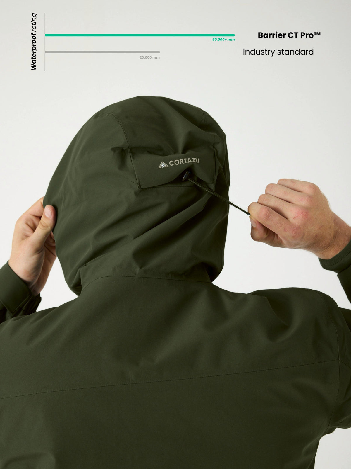 Cortazu Delta INS Shell Jacket men's in Mud Green, hood and back view