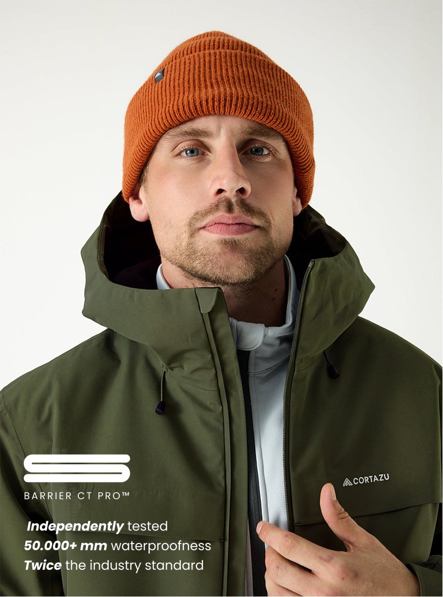 Cortazu Delta INS Shell Jacket men's in Mud Green, fabric close-up with Barrier CT Pro™ waterproof membrane