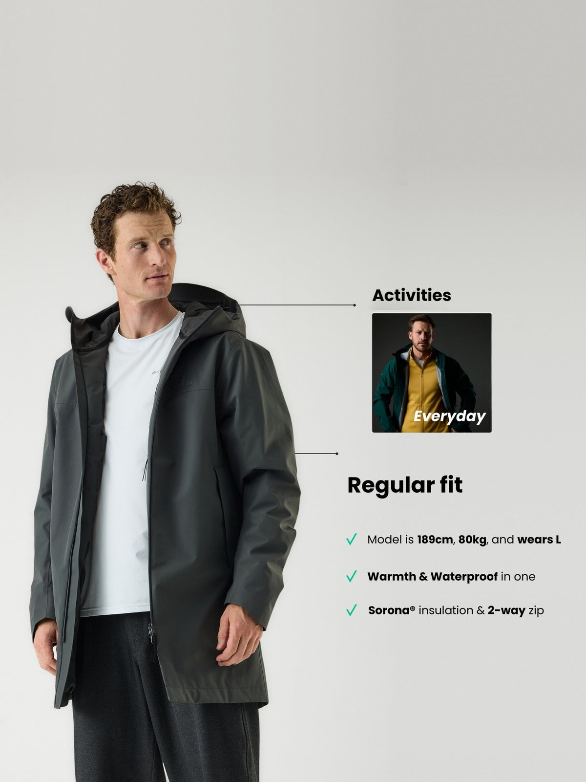 Cortazu Delta INS Parka men's in Dark Grey, regular fit, model is 189 cm and wears L, Sorona® insulation and 2-way zip