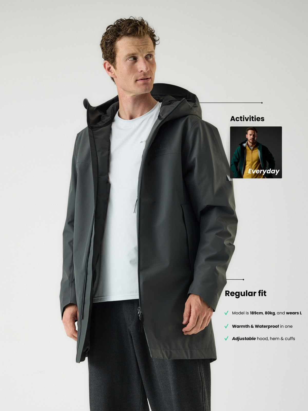 Cortazu Delta INS Parka men's in Dark Grey, regular fit and size guide, model is 189 cm and wears L