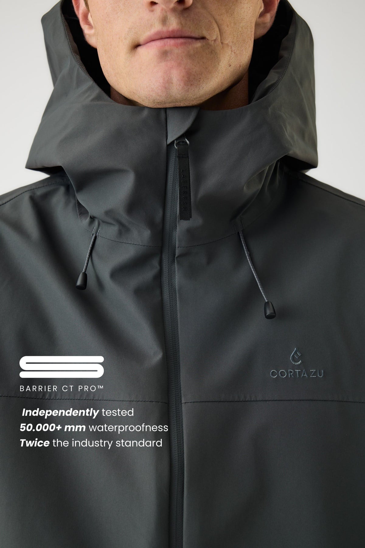 Cortazu Delta INS Parka men's in Dark Grey, chest detail with Barrier CT Pro™ waterproof membrane