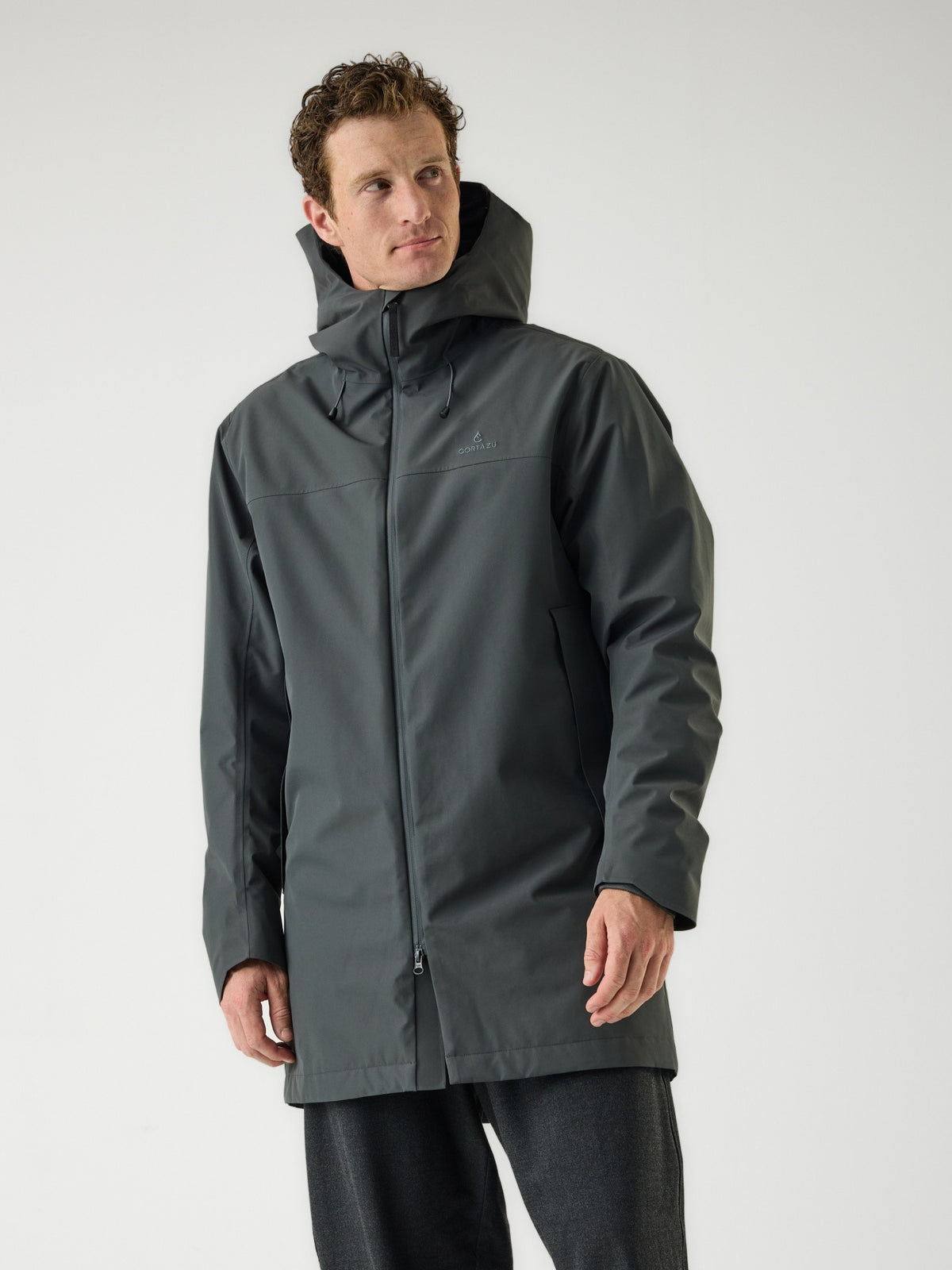 Cortazu Delta INS Parka men's in Dark Grey, front view on model, looking sideways