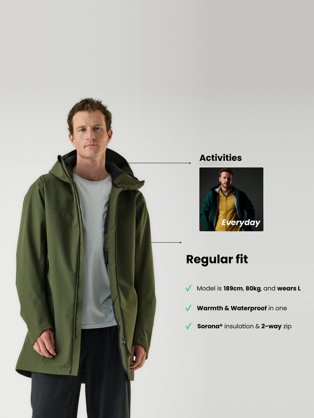 Cortazu Delta INS Parka men's in Mud Green, regular fit, model is 189 cm and wears L, Sorona® insulation and 2-way zip
