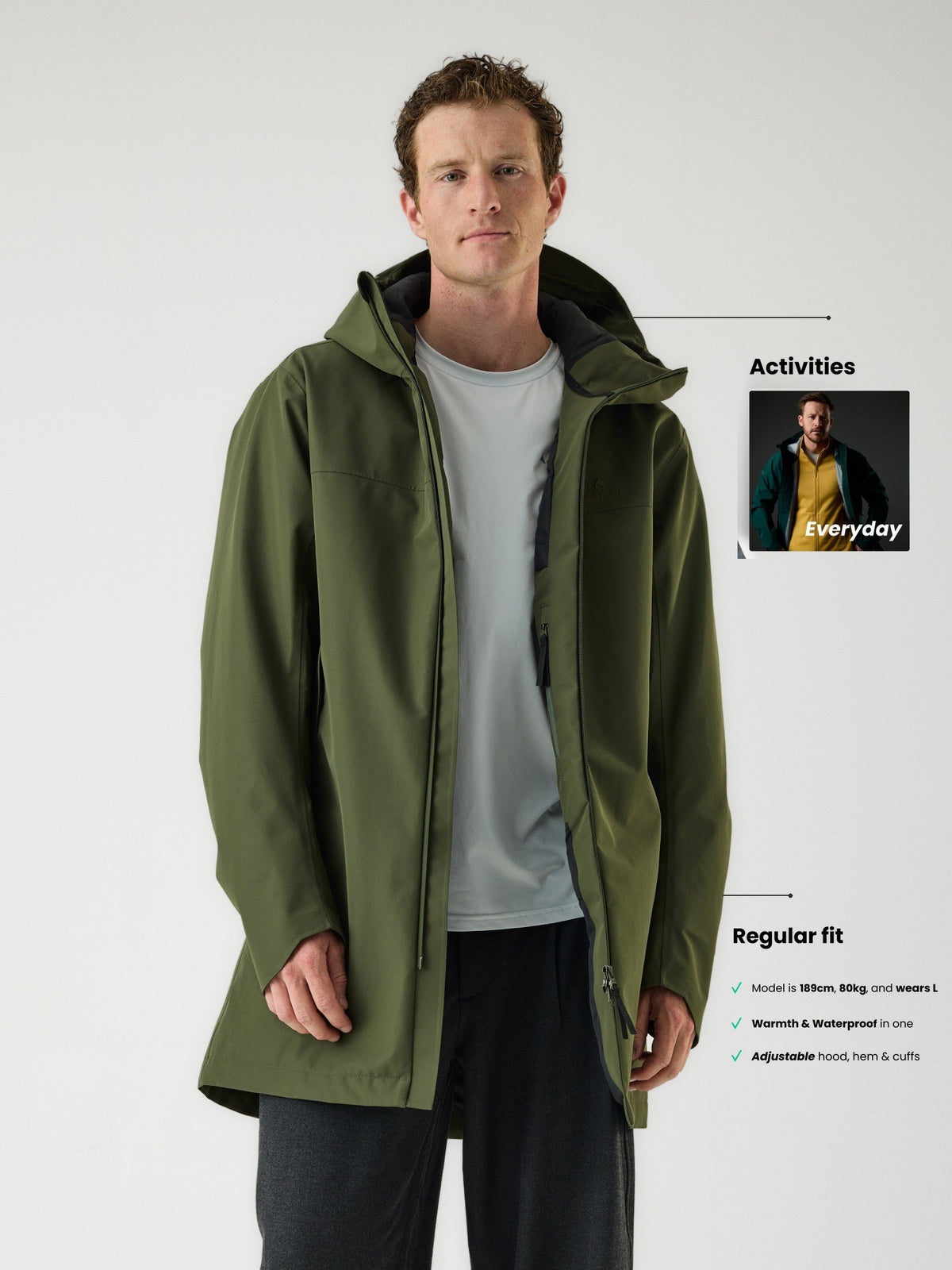Cortazu Delta INS Parka men's in Mud Green, regular fit and size guide, model is 189 cm and wears L