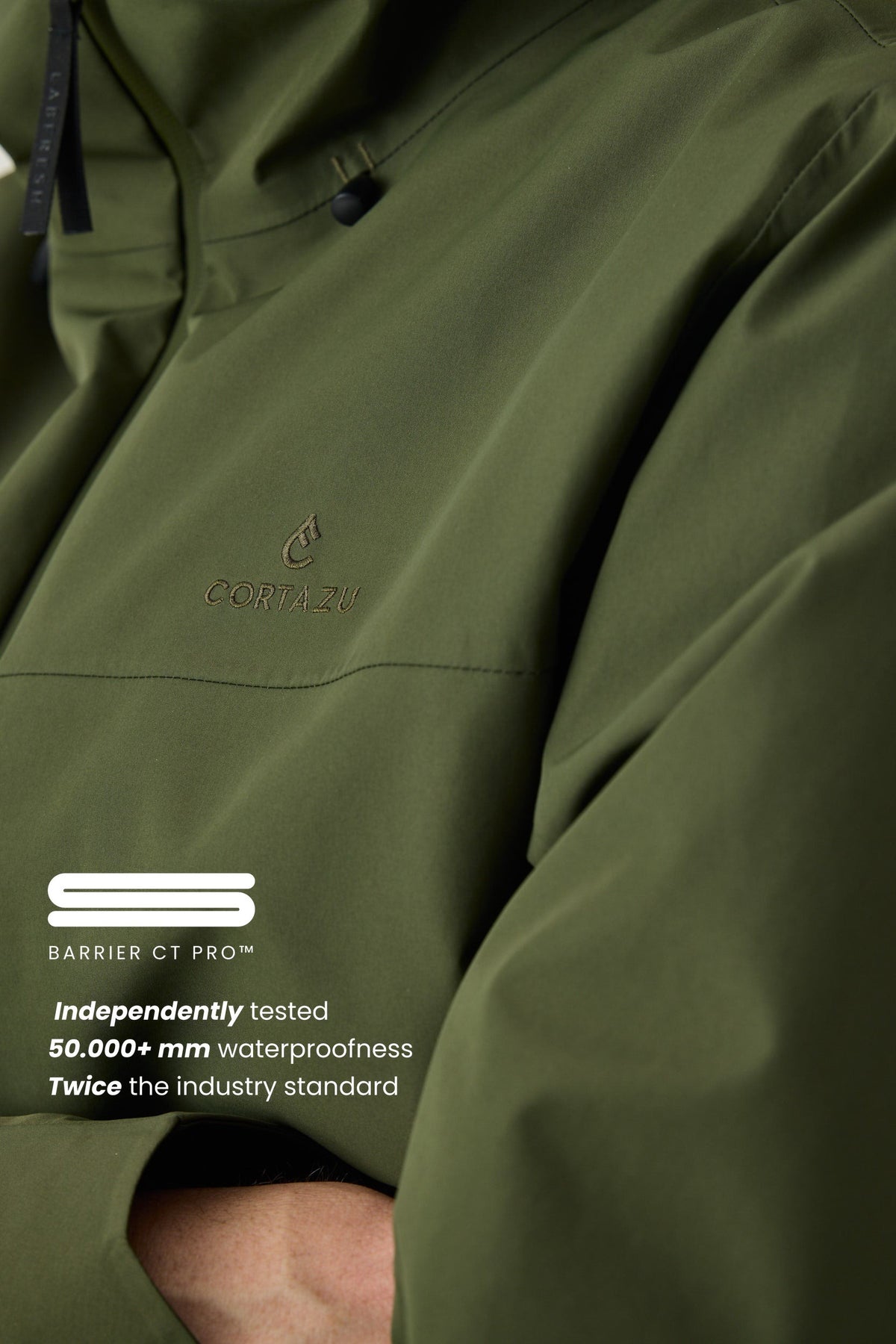 Cortazu Delta INS Parka men's in Mud Green, chest detail with Barrier CT Pro™ waterproof membrane