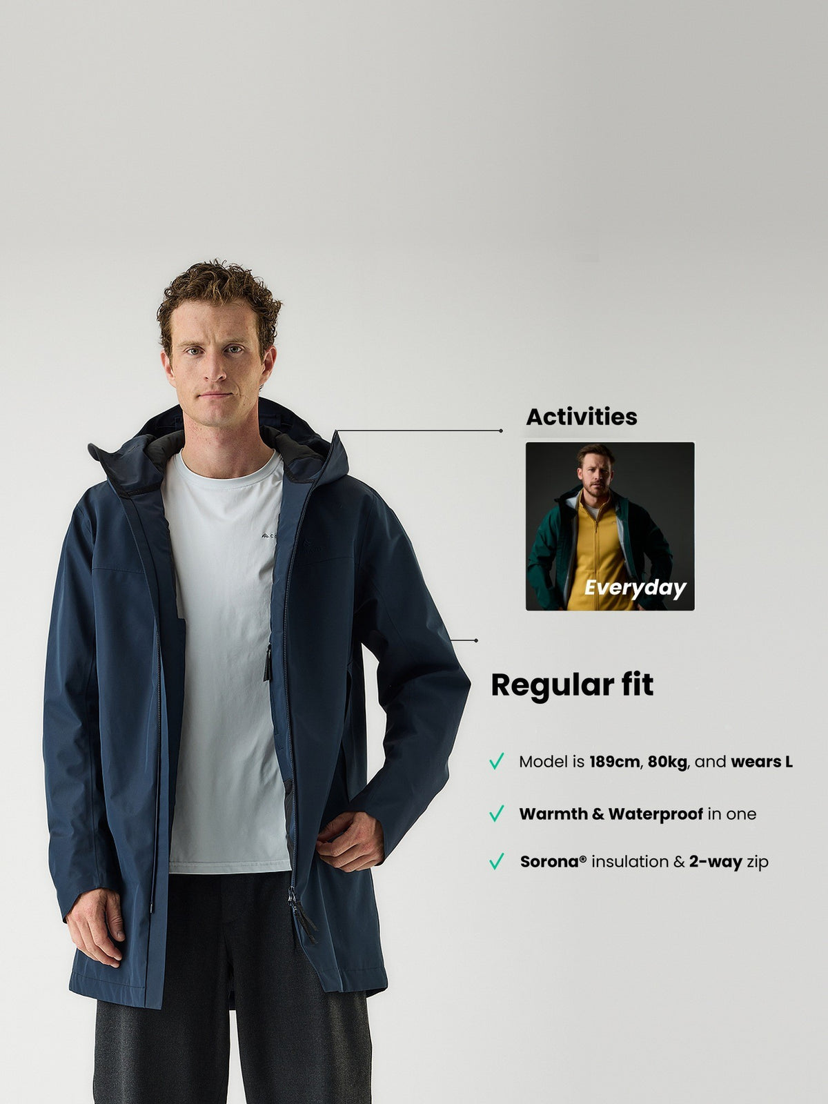 Cortazu Delta INS Parka men's in Navy, regular fit, model is 189 cm and wears L, Sorona® insulation and 2-way zip