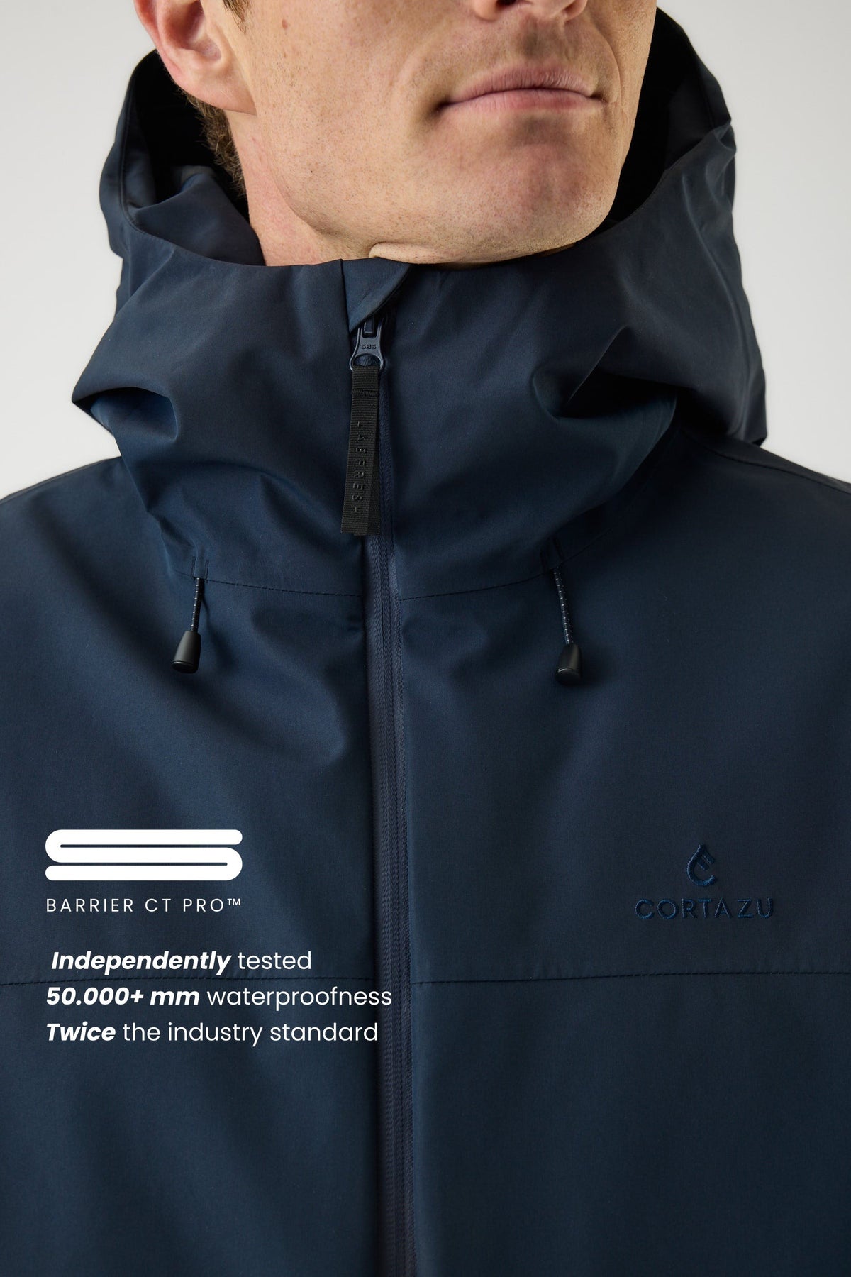 Cortazu Delta INS Parka men's in Navy, chest detail with Barrier CT Pro™ waterproof membrane