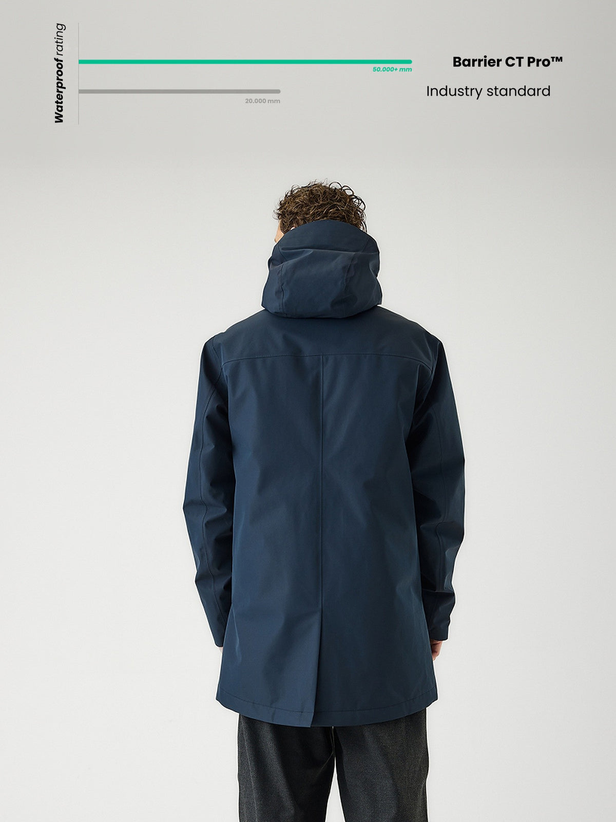 Cortazu Delta INS Parka men's in Navy, back view on model with Barrier CT Pro™ waterproof rating