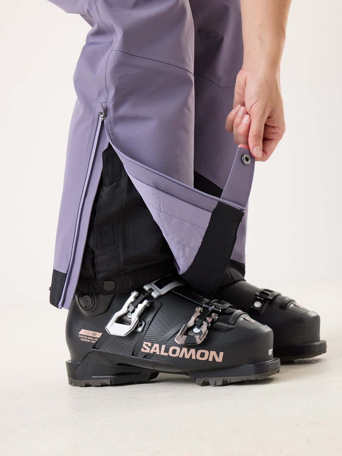 Cortazu Nunatak INS Ski Pants women's in Lavender, boot zip and snow gaiter over ski boot